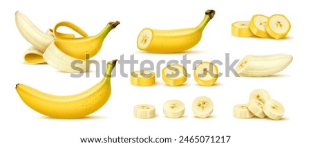 Realistic banana fruit. Whole, half and cut slices 3d vector set. Exotic tropical fruits reveals creamy, soft flesh and vibrant yellow peel. Vegan food, healthy vitamin, peeled and unpeeled circles