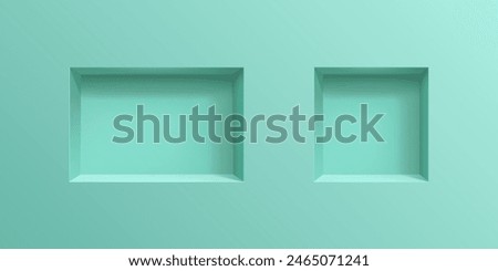 3D wall niches. Realistic vector two empty boxes or shelves on mint colored background. Shop, gallery showcase mockup for product presentation. Blank retail storage, exhibit space, interior bookshelf