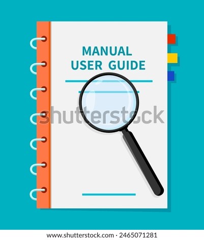 User guide, guidebook manual instruction. Vector ring-bound user service book with a magnifying glass over it, suggesting detailed examination or guidance, help, customer support and information data