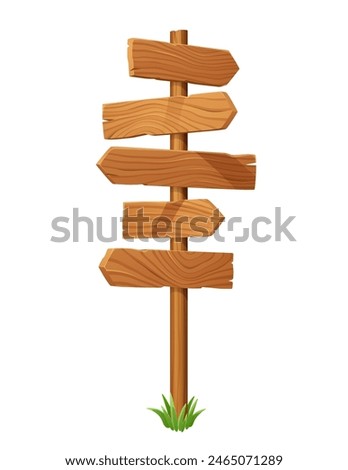 Signpost with wooden direction arrow signs. Isolated vector road fork, signage, pointer with blank wood planks on pole. Signpost pointing directions and ways, with a tuft of green grass at the base