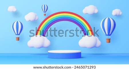 Kids podium with hot air balloons, sky clouds and rainbow. 3d vector summertime background in cute childish toy style with round stage or pedestal under blue cloudy sky with floating air balloons