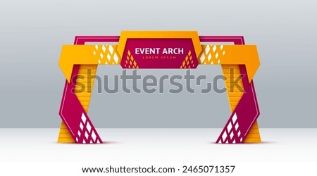 event arch, realistic 3d vector exhibition entrance or entry, modern and stylish arc gate design in bright yellow and purple with geometric shapes. Colorful gateway frame for festive events or promo