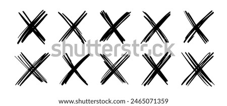 X scribble marks of cross in hand drawn sketch or marker doodle and ink brush stroke, vector icons. X scribble marks of ink pen sketch line for false check box vote, No sign and con or cancel symbol