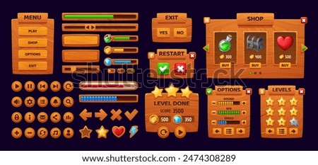 Wooden game interface, gui buttons and panels, loading bars asset. Vector set of UX menu components. Play, shop, options and exit, levels, progress bar, stars, heart, coins and arrows in cartoon style