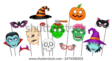 Halloween masks with props for photo booth. Isolated vector set cartoon witch hat and face, vampire, mummy and pumpkin. Bat, devil horns, skull and monster lips. Zombie with axe in brain, and cat head