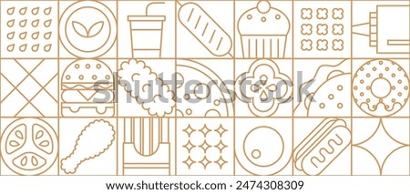 Takeaway fast food modern line geometric pattern. fast food wrapping paper simple backdrop, fabric geometric shape vector pattern with line hot dog, donut, hamburger, soda drink and muffin, tomato