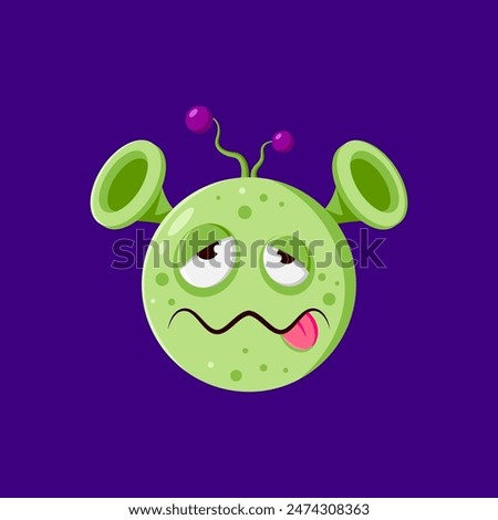 Halloween holiday alien emoji character with eerie green skin, spooky squint eyes, sticking tongue. Isolated vector funny confused or dumbfounded personage, sporting a menacing extraterrestrial vibe