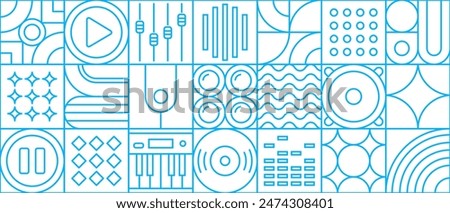 Music line modern geometric pattern. Abstract vector background with outline geometric shapes, square tiles of dj player, vinyl records, loudspeaker, play and pause buttons, synthesizer and equalizer