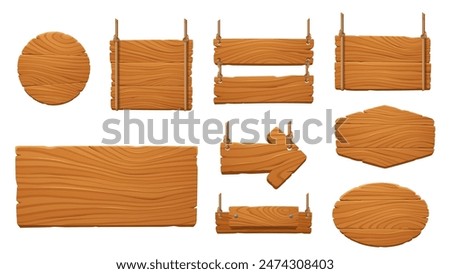 Wooden sign and signboards. Cartoon game arrow, board and panel. Vector set of wood circles, rectangles, squares and oval shaped wood planks hanging by ropes, adorned with nails, rustic gui interface