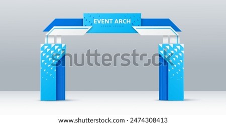 Event arch or entrance gate mockup template of entry or welcome archway, vector 3D design. Event arch for sport marathon start and finish gate, exhibition or expo entrance blue stand frame mock up