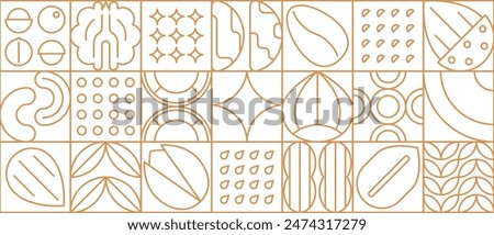 Nut and legume modern line geometric pattern. Design cover or flyer minimal shape background, tile geometric outline vector pattern with thin line hazelnut, cashew, pistachio, almond and pecan, walnut