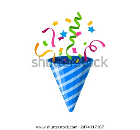 Holiday popper cone, firecracker for birthday party or carnival celebration. Vector blue striped popper or cracker exploding color paper confetti, ribbons, streamers and stars, cartoon firecracker