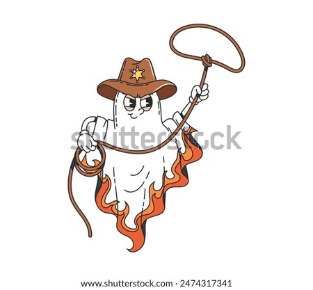 Cartoon Halloween groovy ghost character donning sheriff cowboy hat with star and spinning lasso. Isolated vector funny spook personage ready for wild west adventures and trick or treat party night