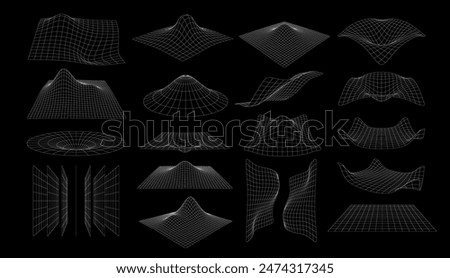 Futuristic wireframe mesh grid with abstract 3D shapes and geometric perspective, vector elements. 3D wireframe nets of wormhole tunnel or funnel, curved terrain and smooth cone in wire frame wave