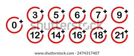 Under age signs, warning icons and forbidden symbols of age limits and restriction. Vector red labels from 0 to 21 plus years old for alcohol, toy, web content and movie. Suitable for kids and minors
