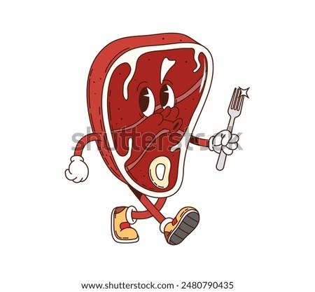 Steak retro groovy barbeque grill character. Isolated cartoon vector slice of meat, whimsical food personage walking with a fork in hand and whistling funny melody, ready for outdoor summer bbq picnic