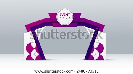 Event arch, entrance gate and entry welcome archway mockup, vector 3D template. Event arch for exhibition or expo, entertainment event entrance or sport marathon start and finish gate in purple design