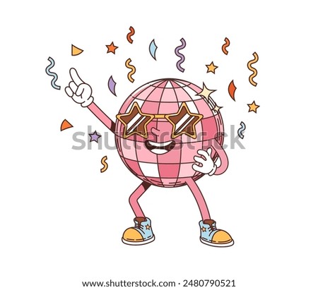 Retro groovy disco ball character at dance party. Isolated vector mirror ball personage with sparkling, multi-colored facets and star- shaped sunglasses, radiating funky hippie dance-floor energy