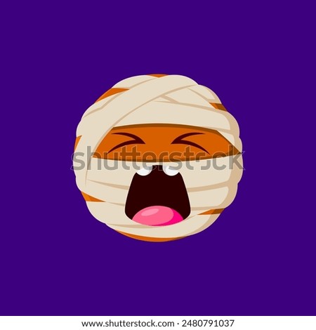 Halloween holiday mummy emoji. Cartoon character wrapped in bandage with wide open mouth and closed eyes peeking out, evoking spooky yet playful vibes. Isolated vector cute emoticon round face for app