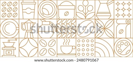 Abstract coffee modern line geometric pattern. Coffee drink design cover or cafe flyer, fabric vector geometric pattern with thin line porcelain cup, leaf and pot, paper bag, grinder and sack