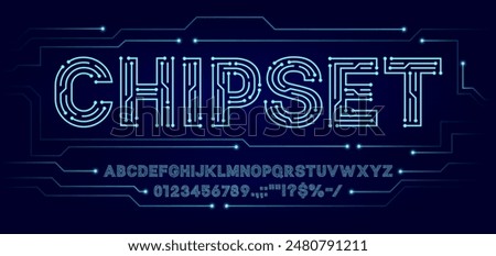 Tech circuit font, computer type, motherboard typeface, microcircuit english alphabet letters and numbers, vector typography set. Future technology circuit font with microchip neon lines pattern