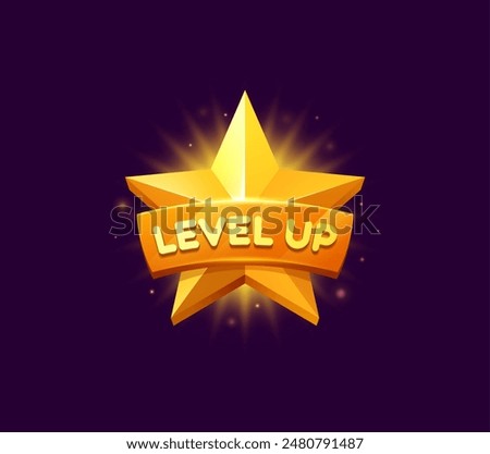 Level up rank star vector icon, game UI or GUI gold medal, bonus, award, trophy and reward. Cartoon golden star badge with ribbon banner, game level up rank, winner award, achievement bonus or medal