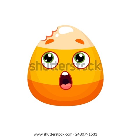 Cartoon Halloween corn emoji with a missing chunk, resembling a bitten-off seed of corn, adds a spooky twist to traditional autumn symbols. Isolated vector trick or treat emoticon with shocked face