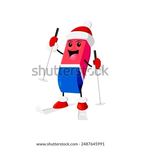 Cartoon Christmas eraser school education item, stationery character in Santa hat, gleefully skis down snowy slopes, spreading festive holiday cheer with playful slide through the winter wonderland