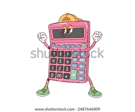 Cartoon retro groovy school calculator character with funky face, vector funny personage. 70s hippie or groovy retro cartoon calculator with happy smile for back to school and student education