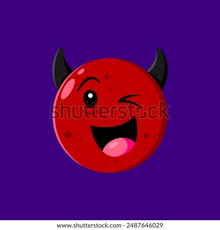 Halloween holiday devil emoji cartoon character. Isolated vector red, mischievous, grinning imp face with devilish horns, wink eye and happy smile, used to convey playful or wicked intent in messages