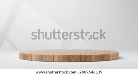 Wooden floor podium stage. Round wood platform, board display for cosmetic products presentation or exhibition. Realistic 3d vector studio interior with circular stand for eco rustic goods showcase