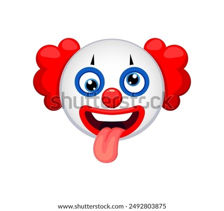 Cartoon Halloween sinister clown emoji character with a crazy foolish expression, squint eyes, and sticking tongue. Spine-chilling spooky emoticon for holiday messages, applications, and festivities