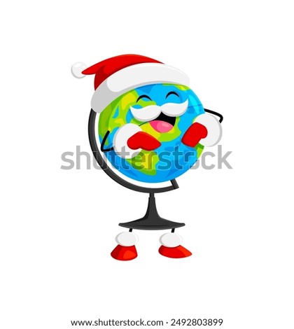 Cartoon Christmas school globe education item character adorned with a Santa hat, spreading holiday cheer in a scholarly and whimsical manner. Isolated vector personage ready for geography lessons