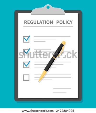 Regulation policy guideline document with law compliance and legal rules, vector icon, Regulation policy document with check mark ticks and pen, corporate guideline and business agreement checklist