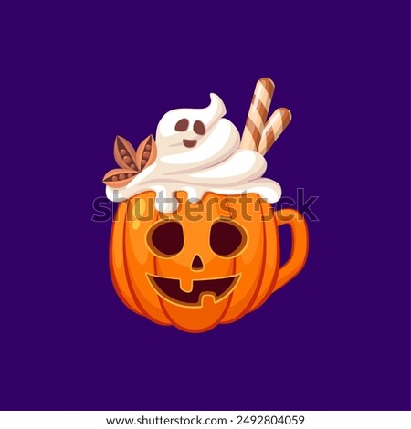 Halloween cocktail in a grinning pumpkin cup, adorned with spooky ghostly foam, anise star and wafer sticks. Isolated cartoon vector drink promises a ghoulishly delightful sip of the eerie season