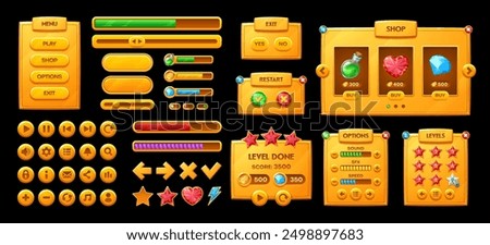 Golden game interface icons, GUI buttons and panels with loading bars, vector elements. Arcade game interface golden buttons, menu controls and score panel for level options and gamer user UI settings