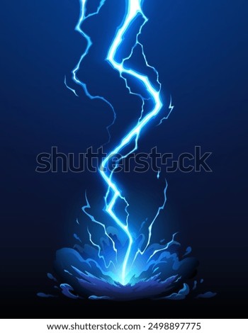 Cartoon thunder bolt, blue lightning effect. Dynamic thunderstorm attack hitting the ground with energy, creating an electrifying visual impact. Vector thunder charge or strike flash at night darkness