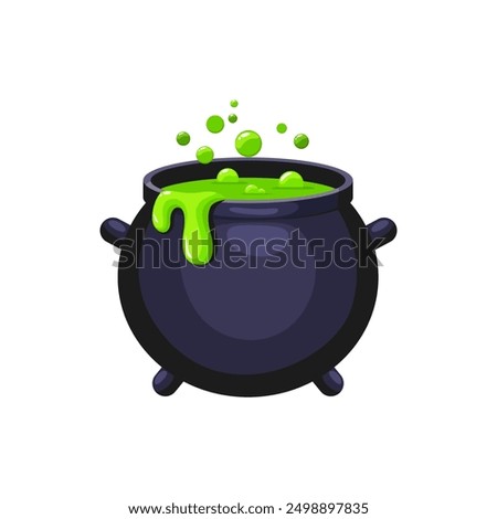 Cartoon Halloween witch cauldron emoji, magic pot with green potion. Vector steel boiler with boiling magic brew or steaming goo. Isolated evil item for wizard, sorceress or mage, kettle with poison