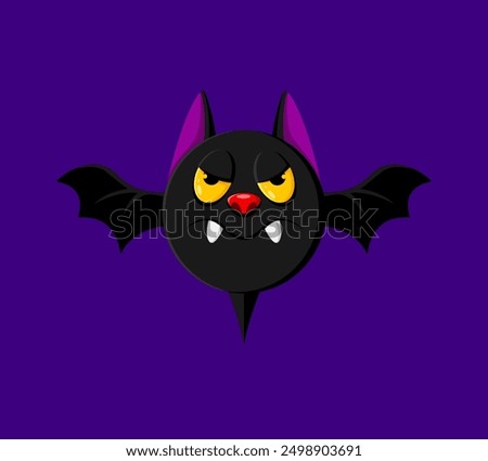 Halloween holiday bat emoji cartoon character. Isolated vector vampire animal emoticon with spooky fangs. pointy ears, wings and yellow eyes, adds a playful touch to festive messages and media posts