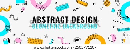 Abstract geometric Memphis modern banner. Vector background template with retro minimal geometry shapes, patterns, forms and lines in vibrant colors for exhibit art, magazine, journal, album covers