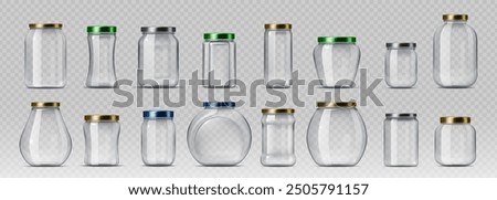 3d realistic glass jars with lids vector package mockups for food preservation, canning and storage. Empty clear bottle containers, transparent pots with metal screw caps, varying in sizes and shapes