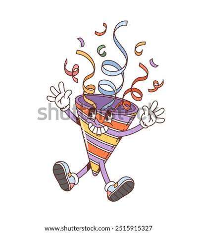 Retro groovy holiday party popper cone or firecracker character, vector funky emoji. Funny groovy cartoon birthday popper cone with confetti explosion and laughing face for celebration emoticon