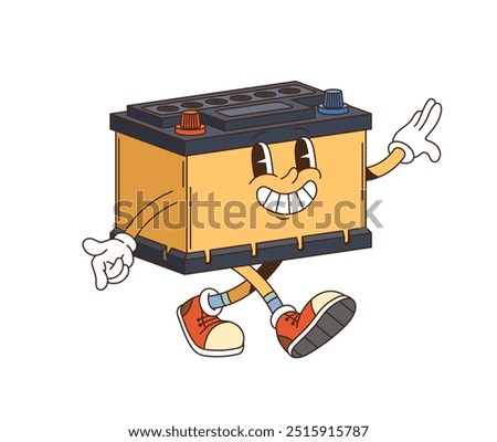 Retro groovy car battery character exuding cheerful nostalgic vibe. Isolated cartoon vector smiling car batter personage symbolizing energy, power, and creativity for automotive and garage services