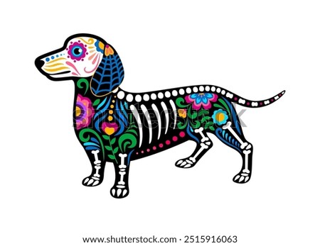 Day of the dead Mexican dog animal skeleton tattoo. Isolated vector dia de los Muertos sugar skull holiday dachshund puppy decorated with festive colorful floral patterns, bones and skeletal elements