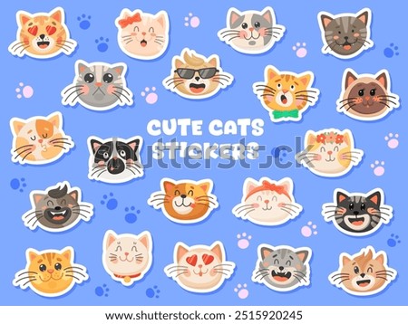 Cute cat kitten pet stickers of funny muzzle faces, vector meow and paw icons. Kids cartoon cats and kitty stickers with happy smile on face, love heart eyes and funky laughing for emoji emoticons