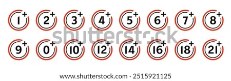 Under age signs, restriction symbols from 1 to 21 plus in black red circles. Isolated vector set caution media symbols for content rating, website compliance, age verification, regulation and safety