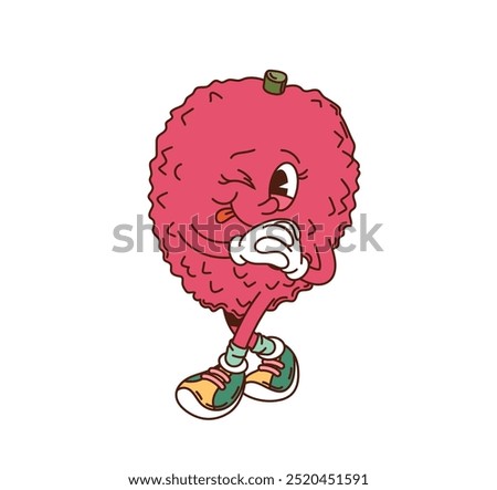 Cartoon groovy lychee fruit character sticking tongue, winking and clasping its hands, showcasing a mischievous and fun mood. Isolated vector tropical fruit with expressive eyes, gloves and sneakers