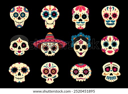 Mexican calavera sugar skulls, day of the dead holiday. Dia de los muertos funny characters. Cartoon vector set of human craniums adorned with sombrero and floral pattern. Traditional festival symbols