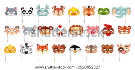 Carnival festival party animal masks, vector Halloween kids costume of cat, fox, panda and rabbit. Cartoon animal faces on sticks, cute penguin, bear, wolf and dog, owl, monkey, mouse, cow and deer