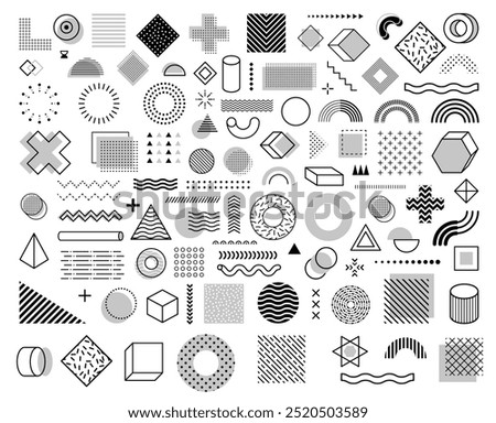 Monochrome memphis geometric shapes. Vector set of black and white circles, squares, triangles and dots, lines, waves, crosses and cylinders with pyramids. Retro abstract 80s style elements or figures